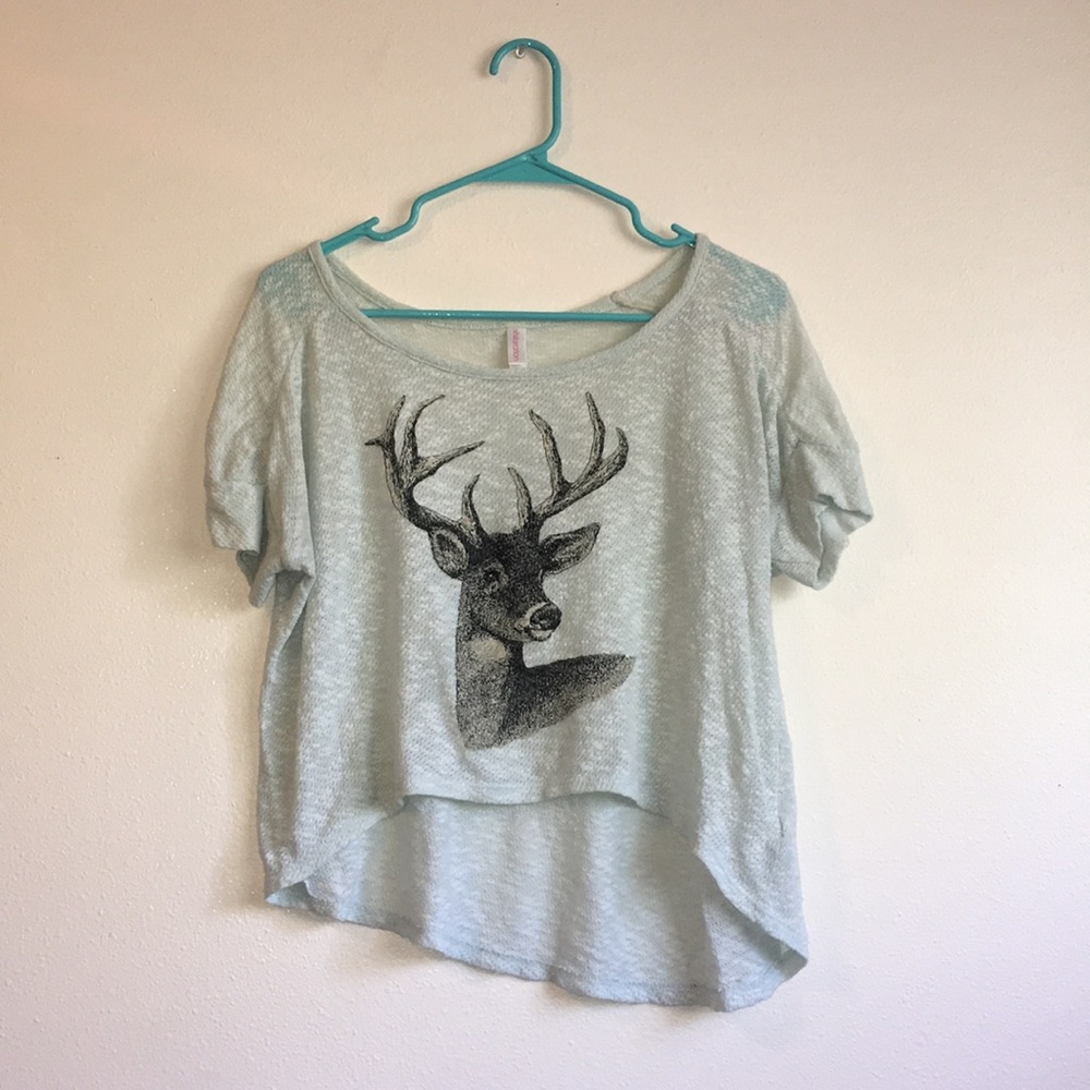 Asymmetrical teal deer crop top